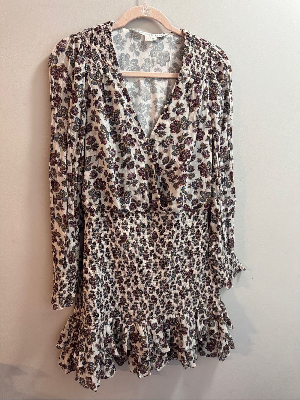 Veronica Beard Cream Long-Sleeve Floral Smocked Mini Dress Sz 2